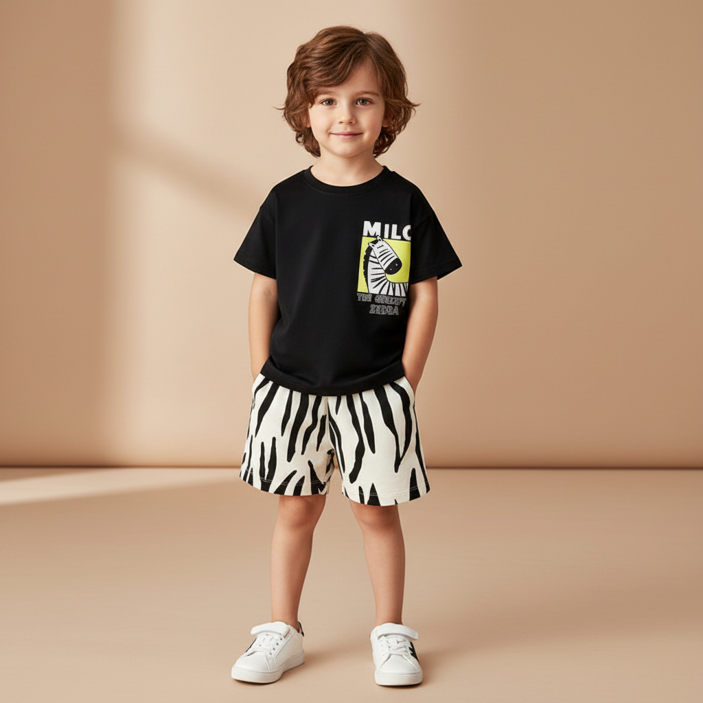 Cotton Animal Print Leopard & Zebra Tee Shorts Set