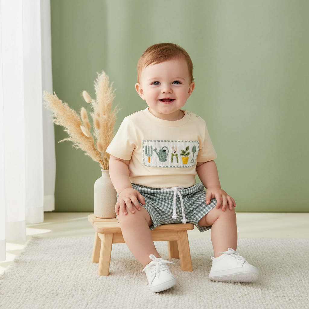 Cotton Garden Tools Embroidered Tee & Green Gingham Shorts Set