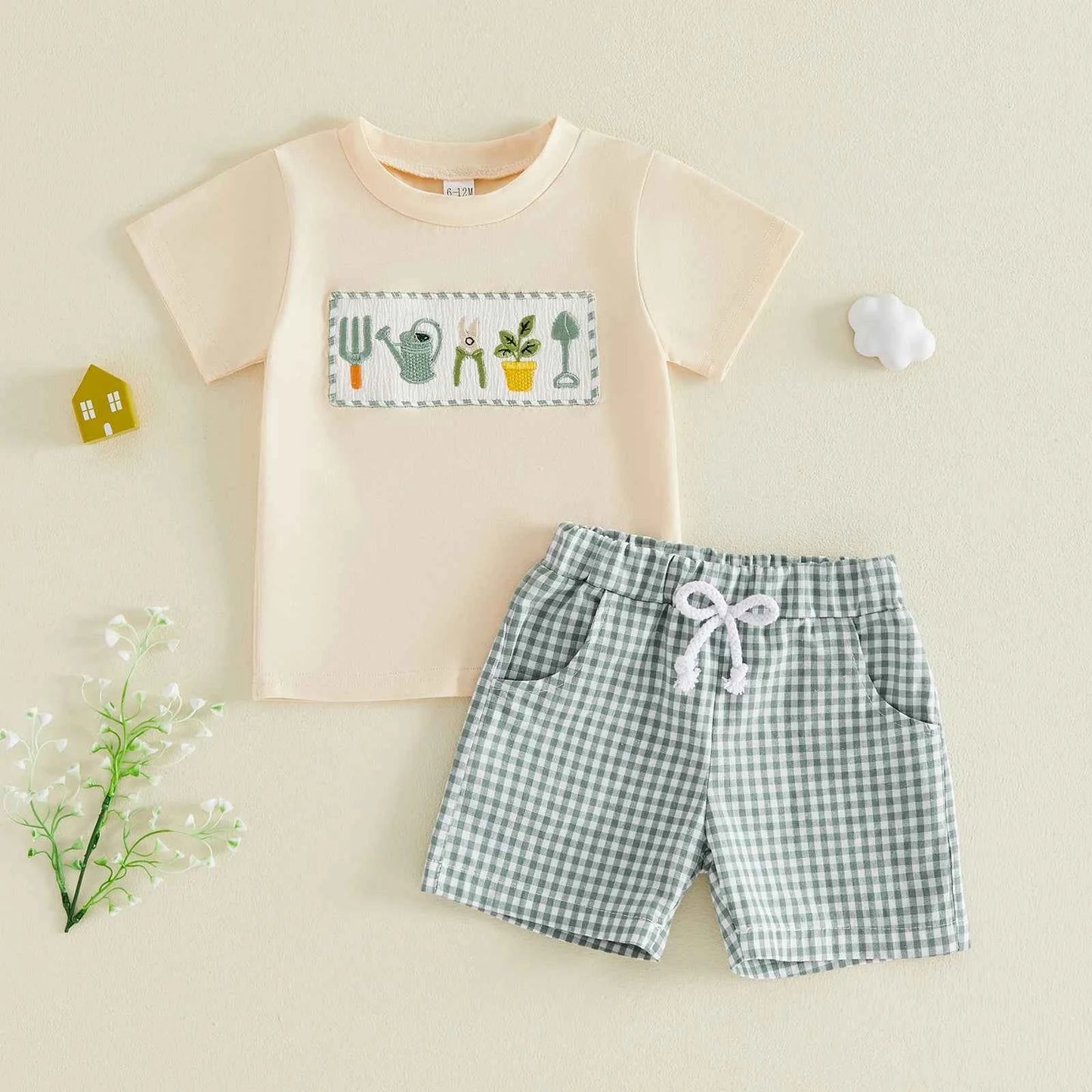 Cotton Garden Tools Embroidered Tee & Green Gingham Shorts Set