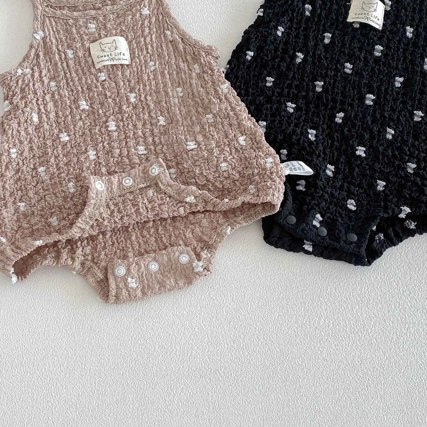 100% Cotton Smocked Sleeveless Romper Playsuit In Black & Brown