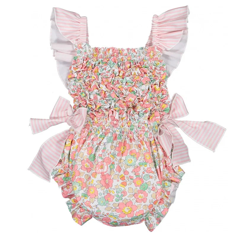 Floral Ruffle Swimsuits With Striped Bow & Sleeve Detail