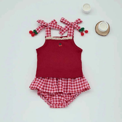 Cotton Red Cherry Tank Top & Plaid Skirt Bloomer Set