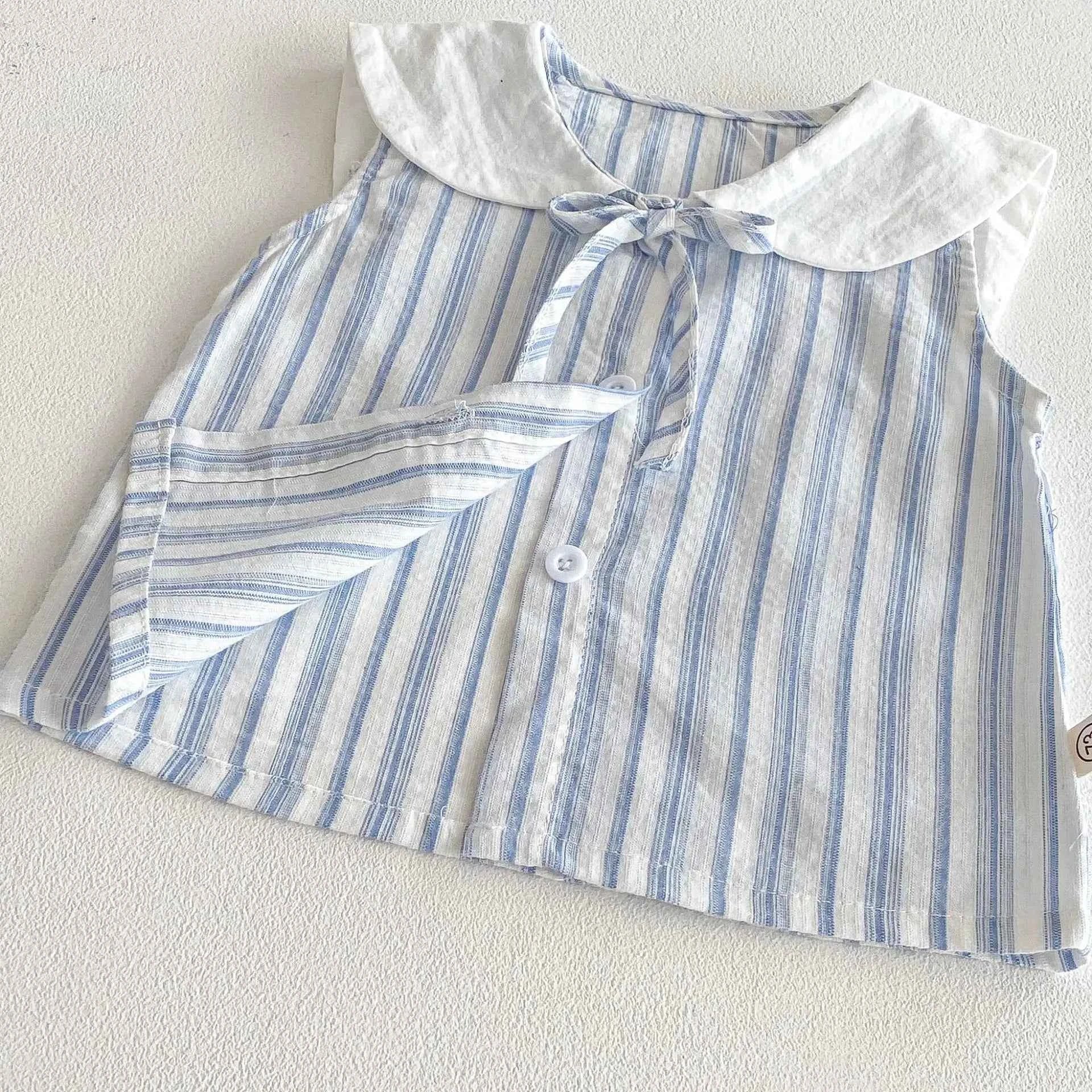 100% Cotton Striped Collar Top & Ruffle Bloomer Set With Pearl Bag