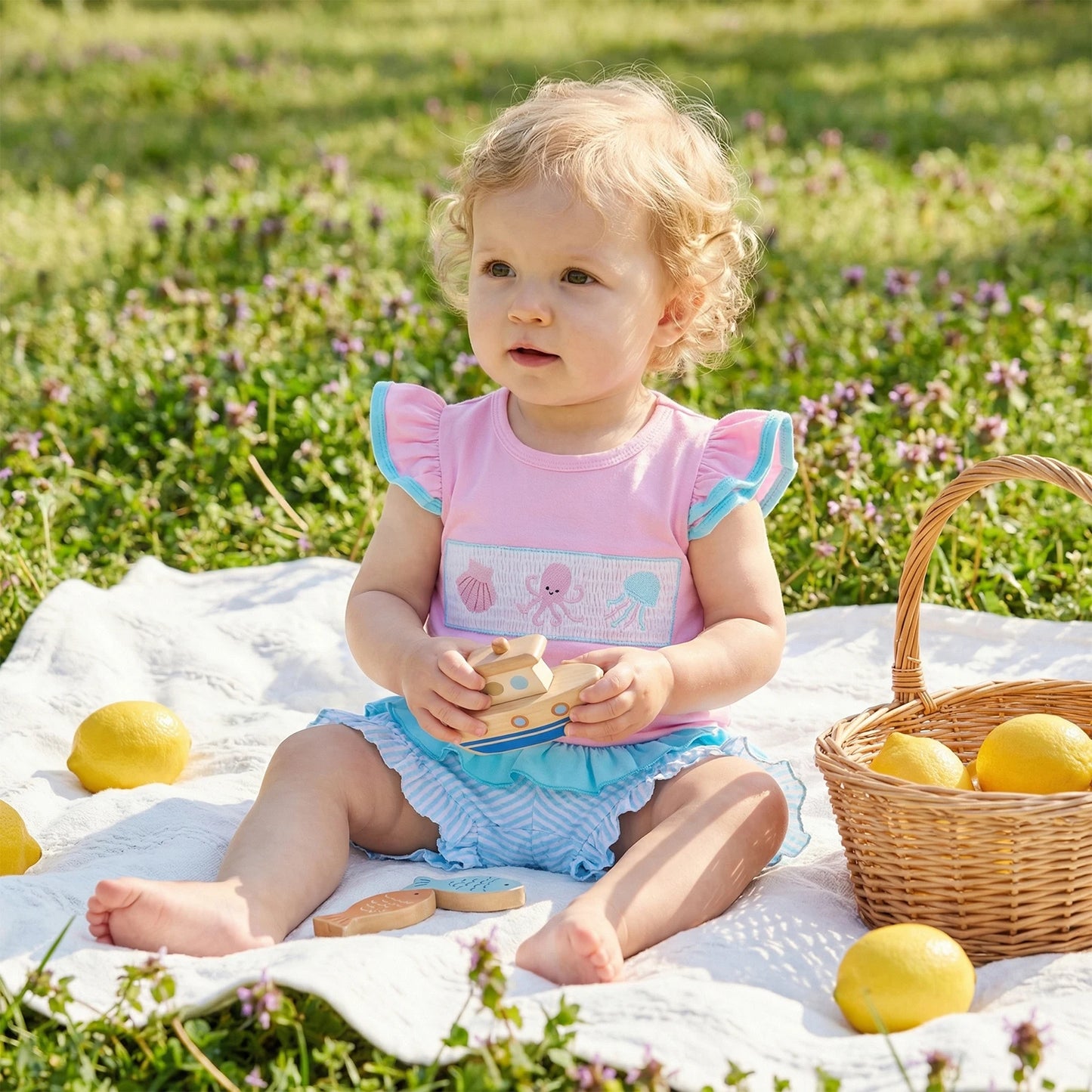 Pink Ruffle Sleeve Top & Blue Ruffle Shorts Set