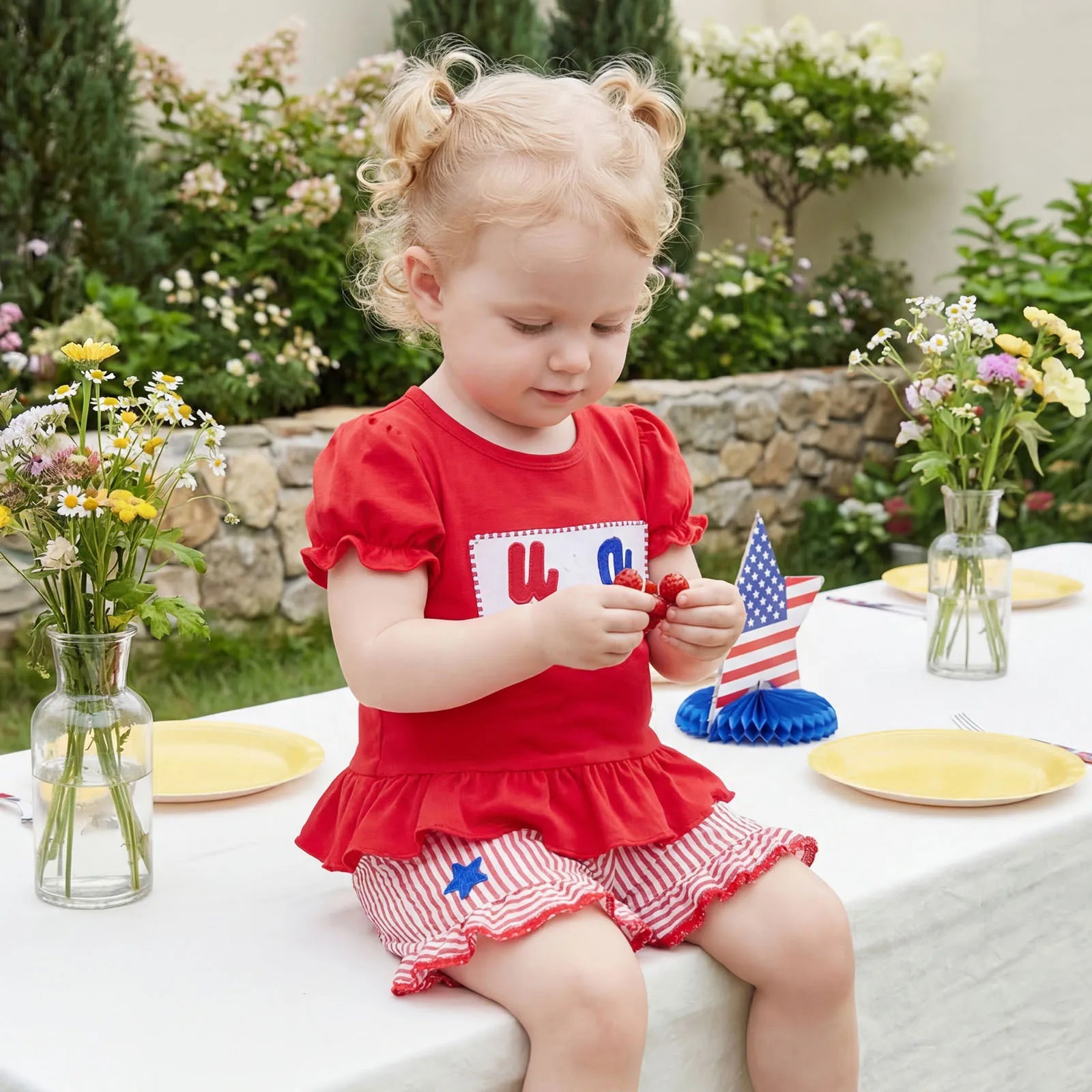 USA Ruffle Sleeve Top & Star Applique Shorts Set