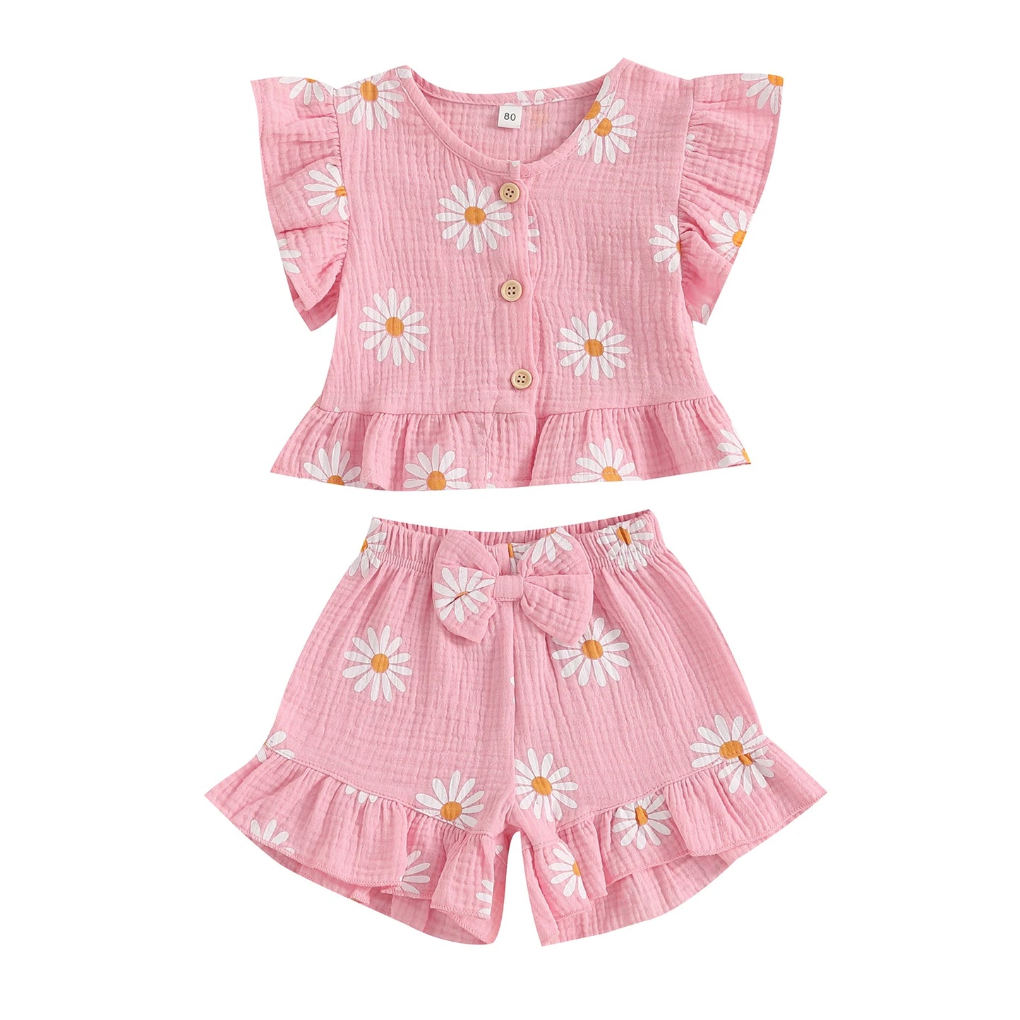 Cotton Floral Print Ruffle Sleeve Top & Bow Shorts Set