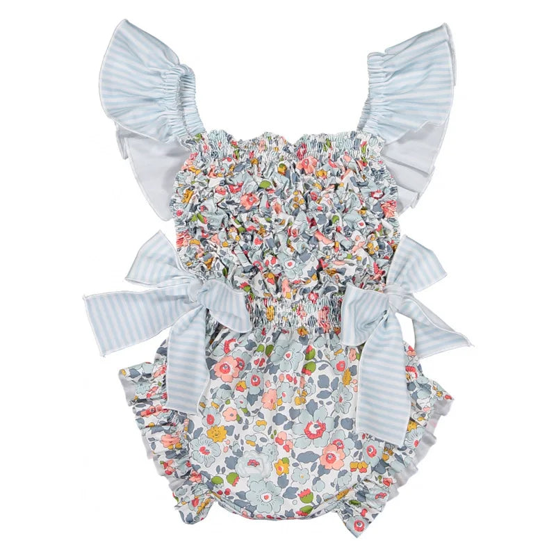 Floral Ruffle Swimsuits With Striped Bow & Sleeve Detail