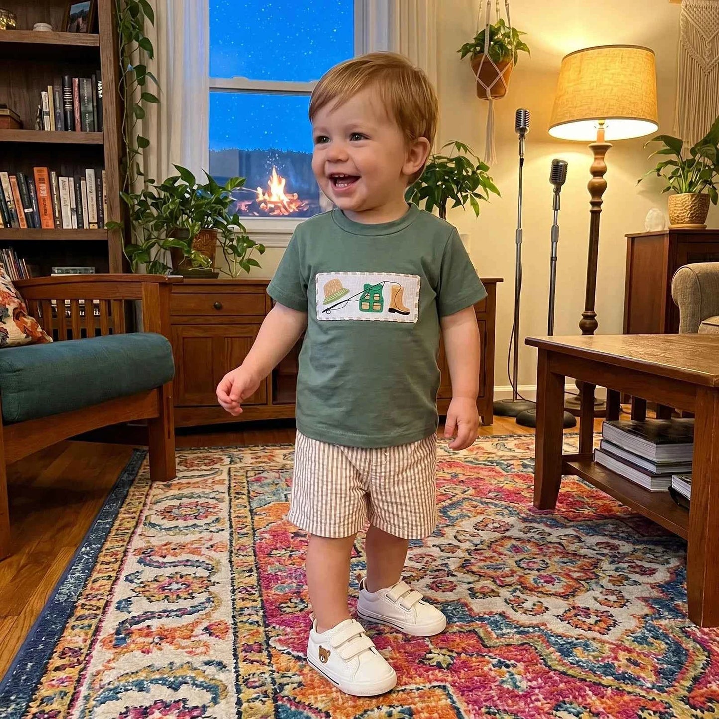 Cotton Green Fishing Motif Tee & Beige Striped Drawstring Shorts Set
