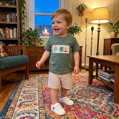 Cotton Green Fishing Motif Tee & Beige Striped Drawstring Shorts Set