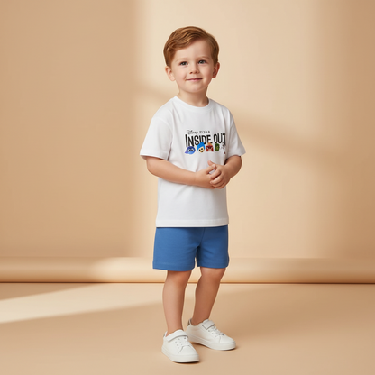 Cotton Inside Out & Mickey Mouse White Tshirts With Blue Shorts Set