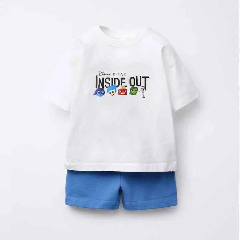 Cotton Inside Out & Mickey Mouse White Tshirts With Blue Shorts Set