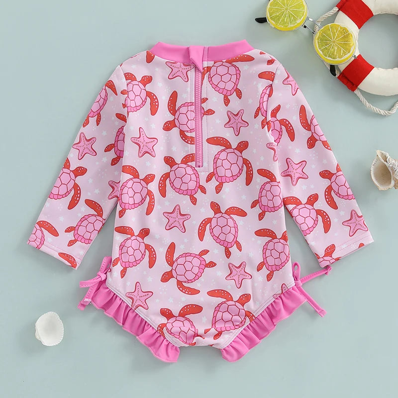 Pink Turtle Print Ruffle Long Sleeve Swimwear