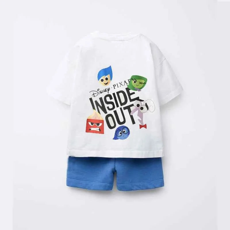 Cotton Inside Out & Mickey Mouse White Tshirts With Blue Shorts Set