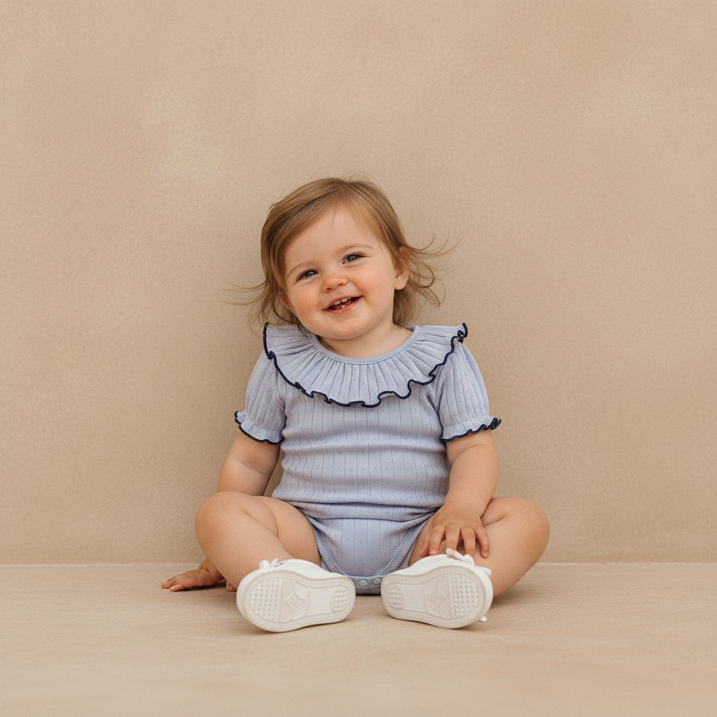100% Cotton Ribbed Ruffle Collar Bodysuit Set Pink Cream Blue