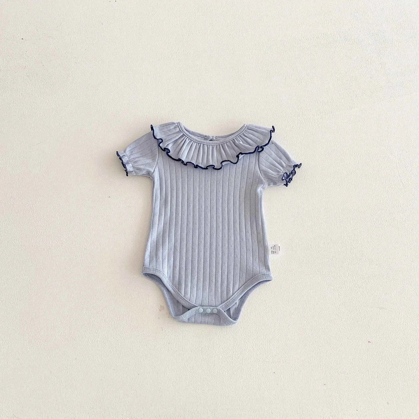 100% Cotton Ribbed Ruffle Collar Bodysuit Set Pink Cream Blue