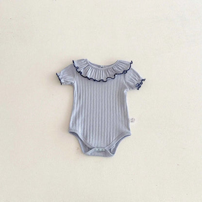 100% Cotton Ribbed Ruffle Collar Bodysuit Set Pink Cream Blue