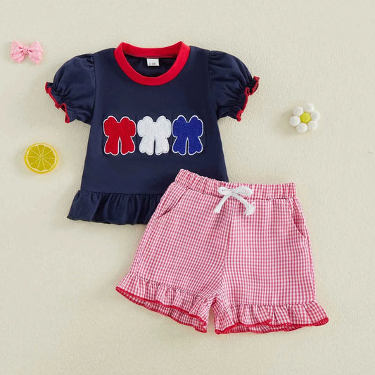 Cotton Applique Top & Gingham Shorts Set