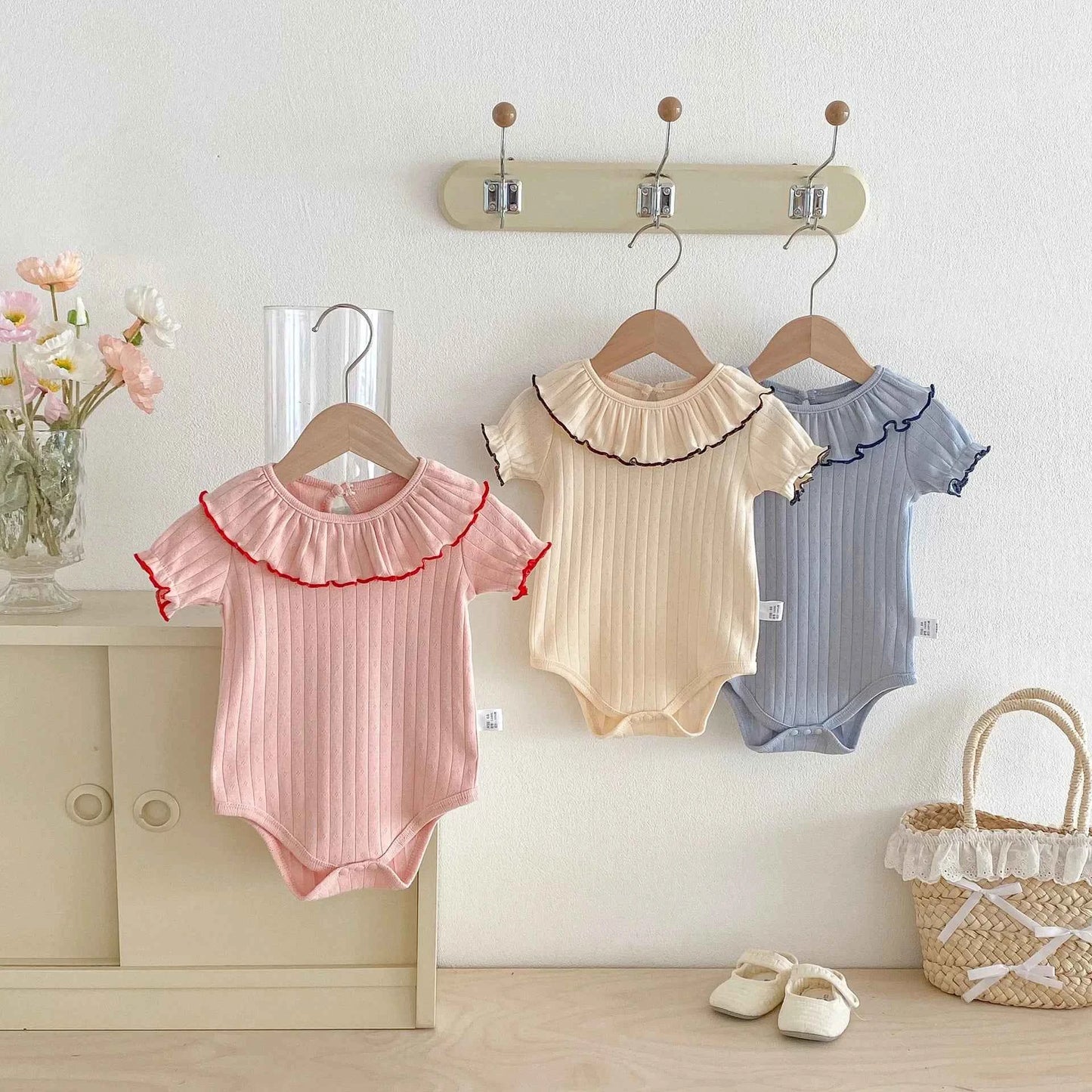 100% Cotton Ribbed Ruffle Collar Bodysuit Set Pink Cream Blue