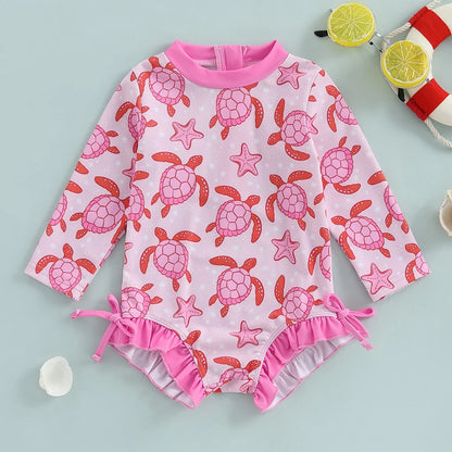 Pink Turtle Print Ruffle Long Sleeve Swimwear