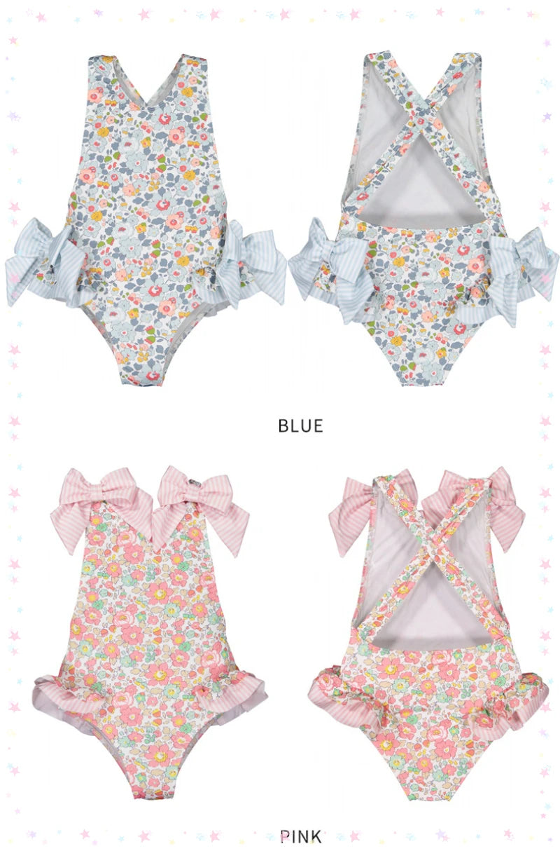 Floral Ruffle Swimsuits With Striped Bow & Sleeve Detail