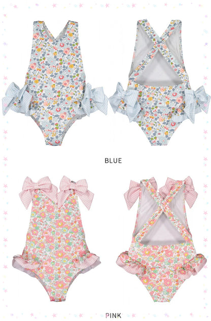 Floral Ruffle Swimsuits With Striped Bow & Sleeve Detail
