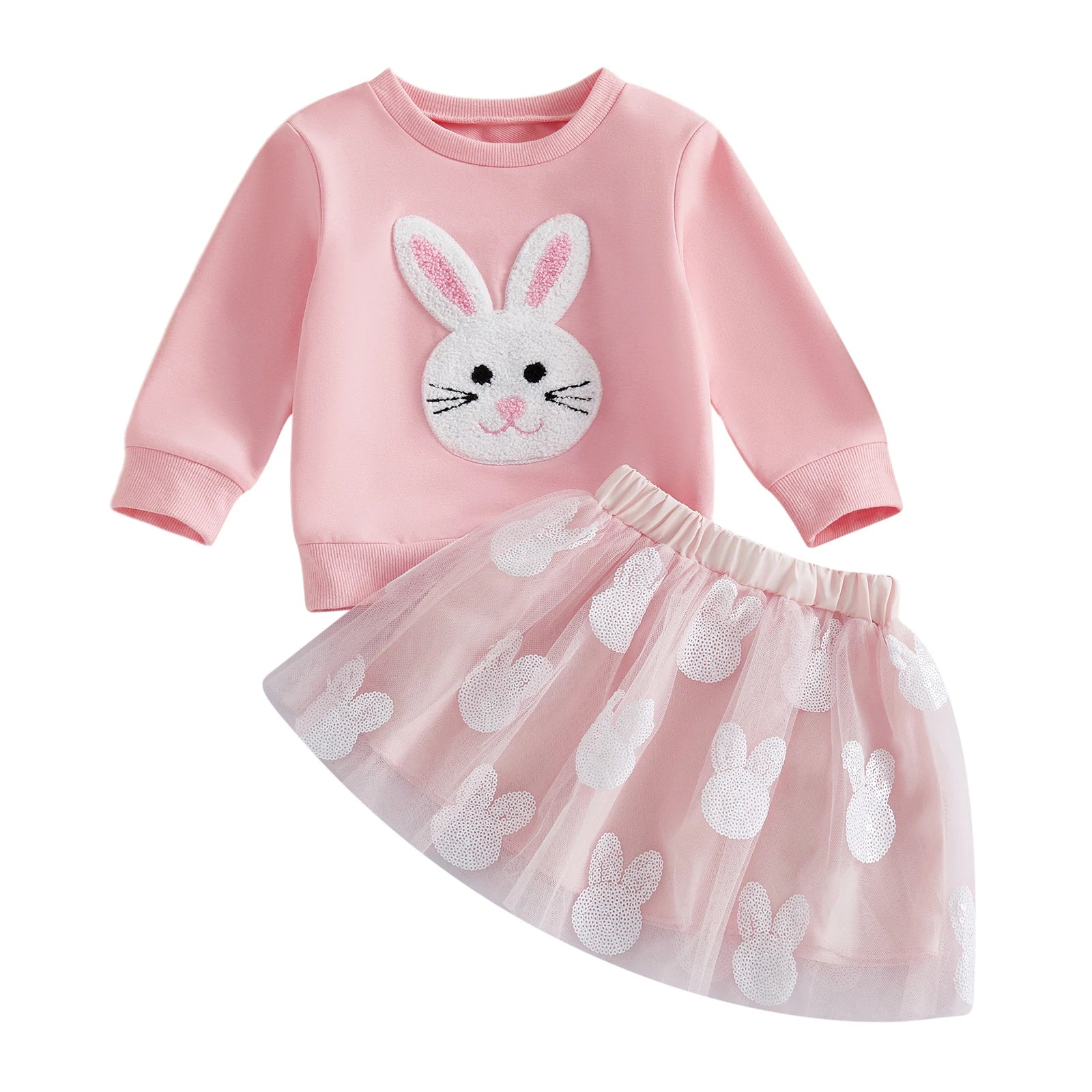Cotton Pink Bunny Applique Sweatshirt & Tulle Skirt Set