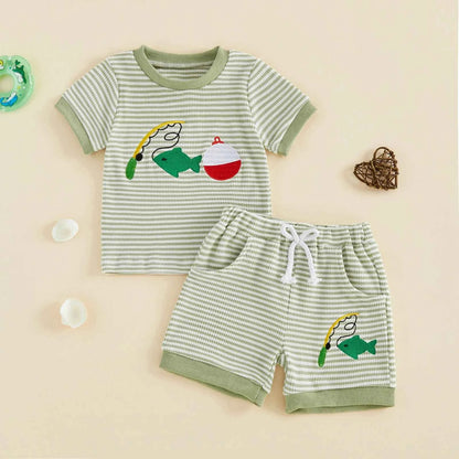 Cotton Striped Fishing Rod Tee & Shorts Set Green