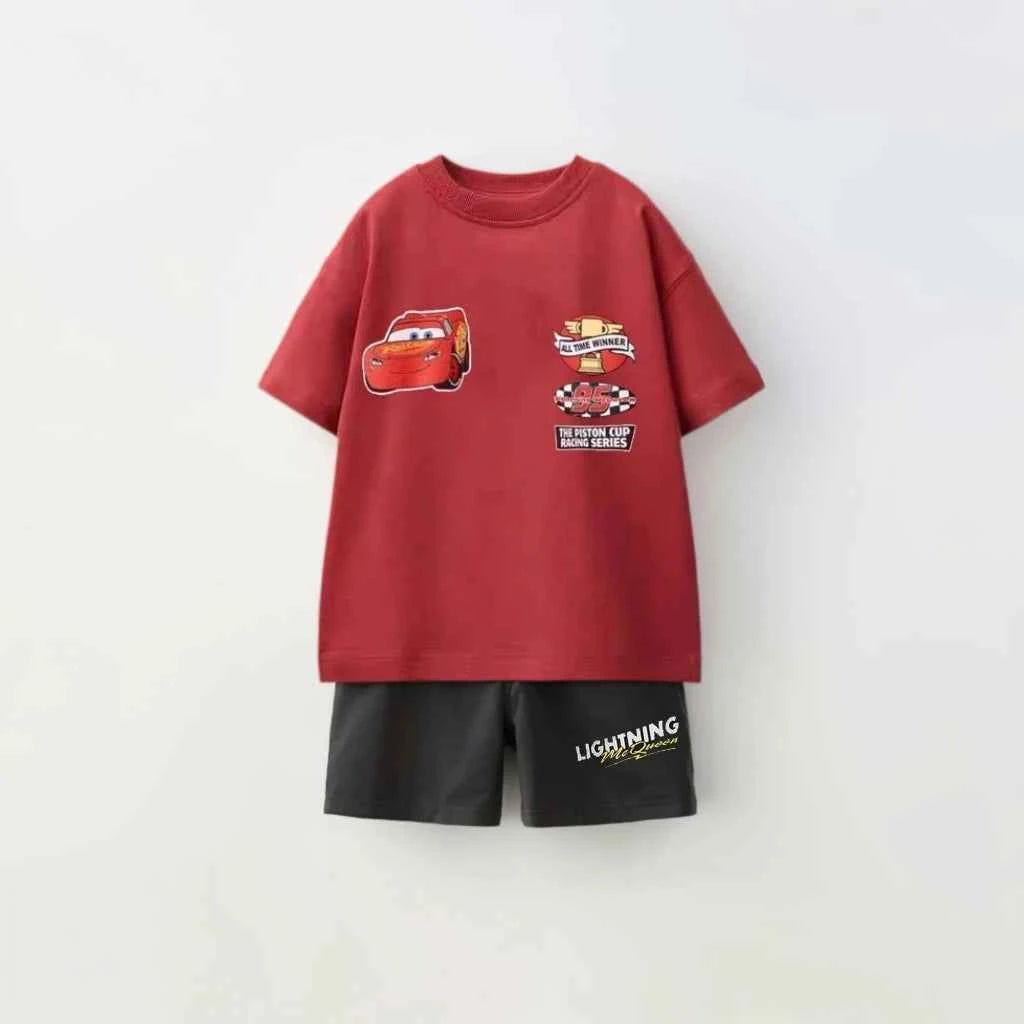 Cotton Lightning McQueen Cars Red & Green Tee Set With Shorts