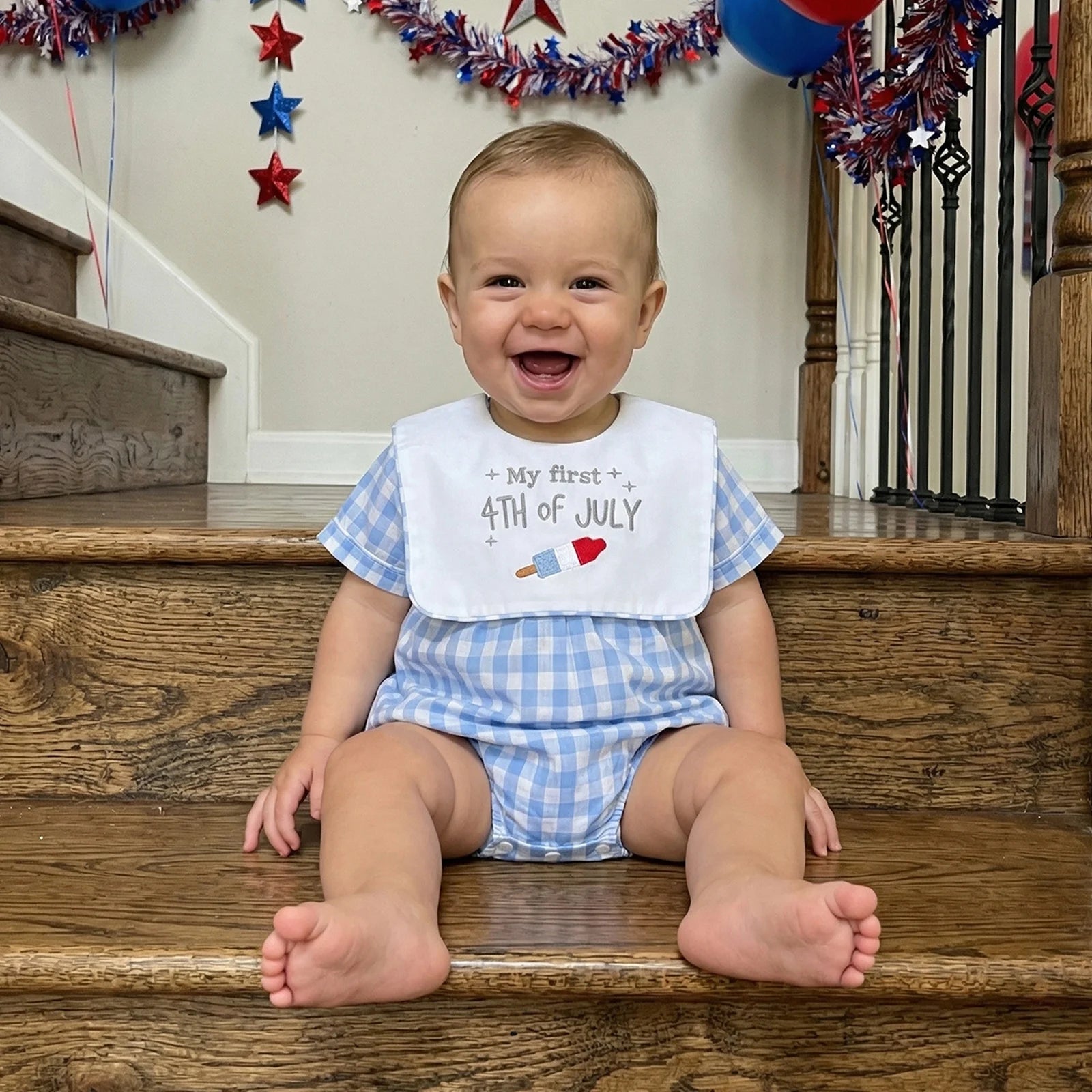 Cotton Blue Gingham Romper & Patriotic Bib Set
