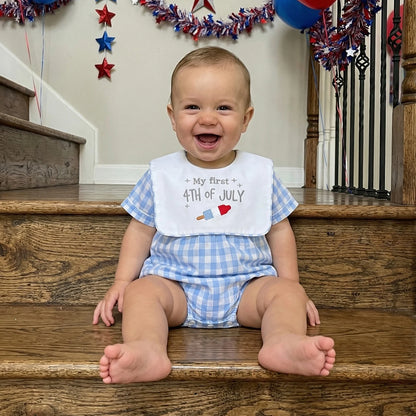Cotton Blue Gingham Romper & Patriotic Bib Set