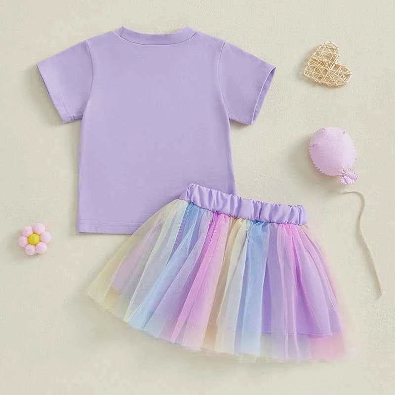 Cotton Birthday Lavender Tee & Pastel Rainbow Tulle Skirt