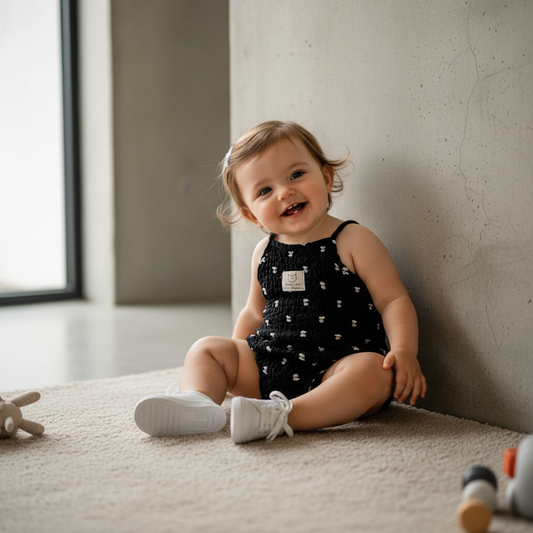 100% Cotton Smocked Sleeveless Romper Playsuit In Black & Brown