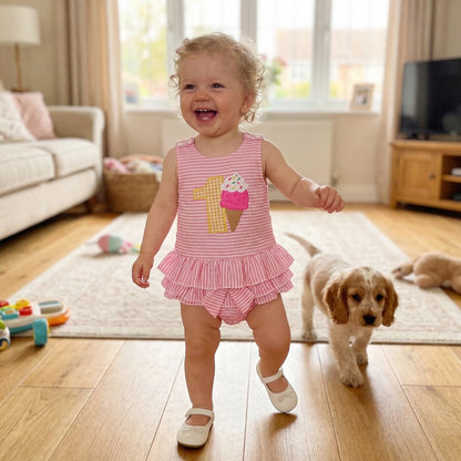 Pink Stripe Ice Cream Number One Top & Ruffled Bloomer Set