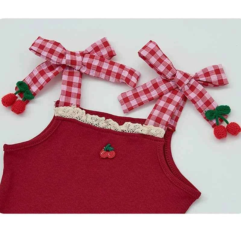 Cotton Red Cherry Tank Top & Plaid Skirt Bloomer Set