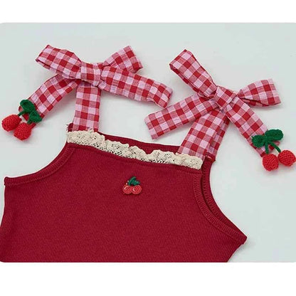 Cotton Red Cherry Tank Top & Plaid Skirt Bloomer Set