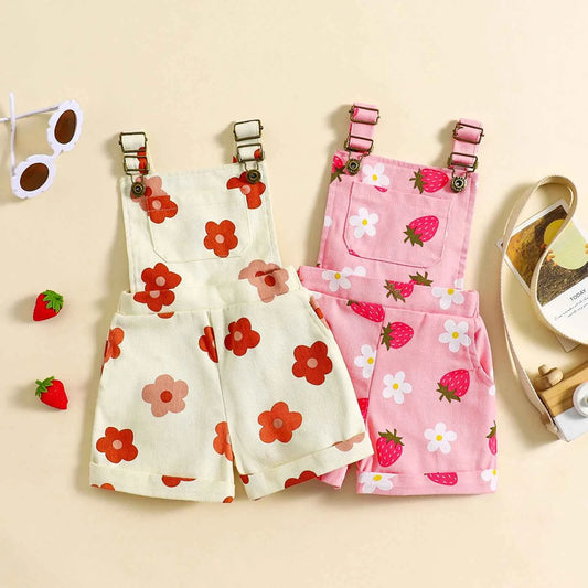Cotton Floral & Strawberry Adjustable Strap Short Overalls