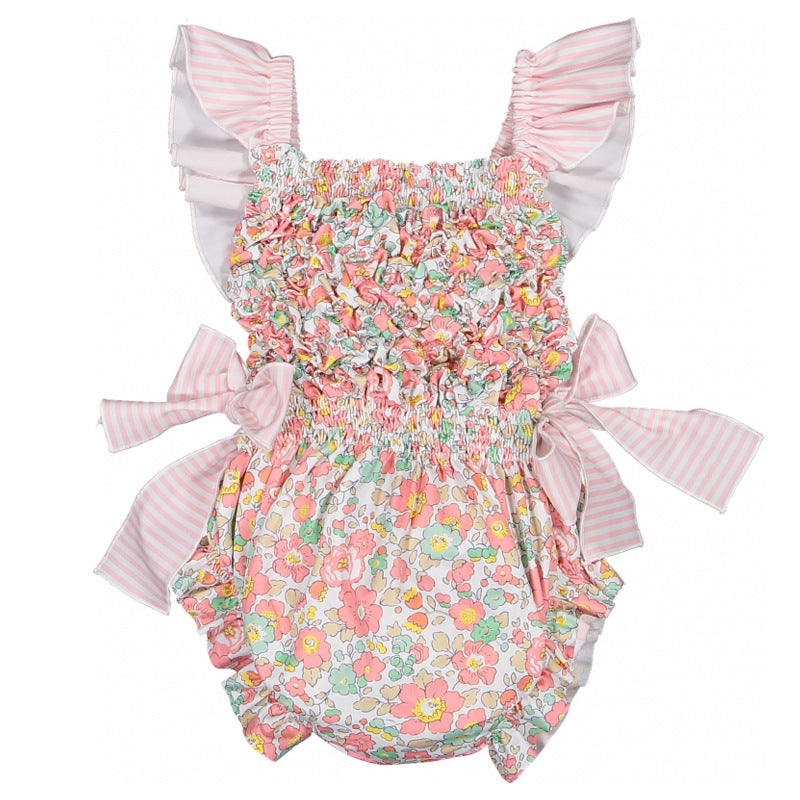 Floral Ruffle Swimsuits With Striped Bow & Sleeve Detail