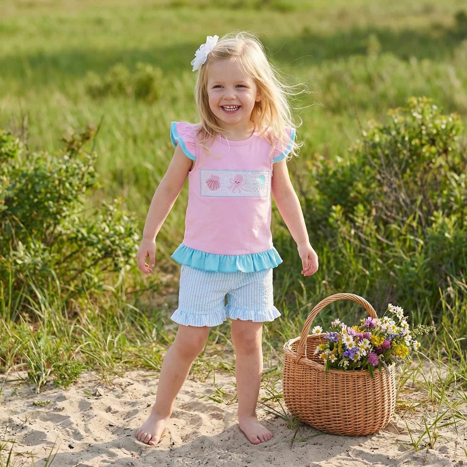 Pink Ruffle Sleeve Top & Blue Ruffle Shorts Set
