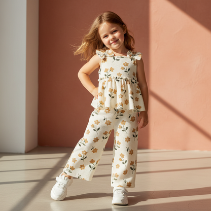 Floral Print Peplum Tops & Wide Leg Pants Set