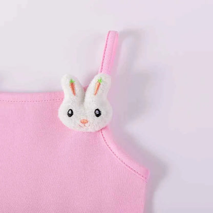 100% Cotton Pink Floral Tulle Dress With Bunny Applique Straps