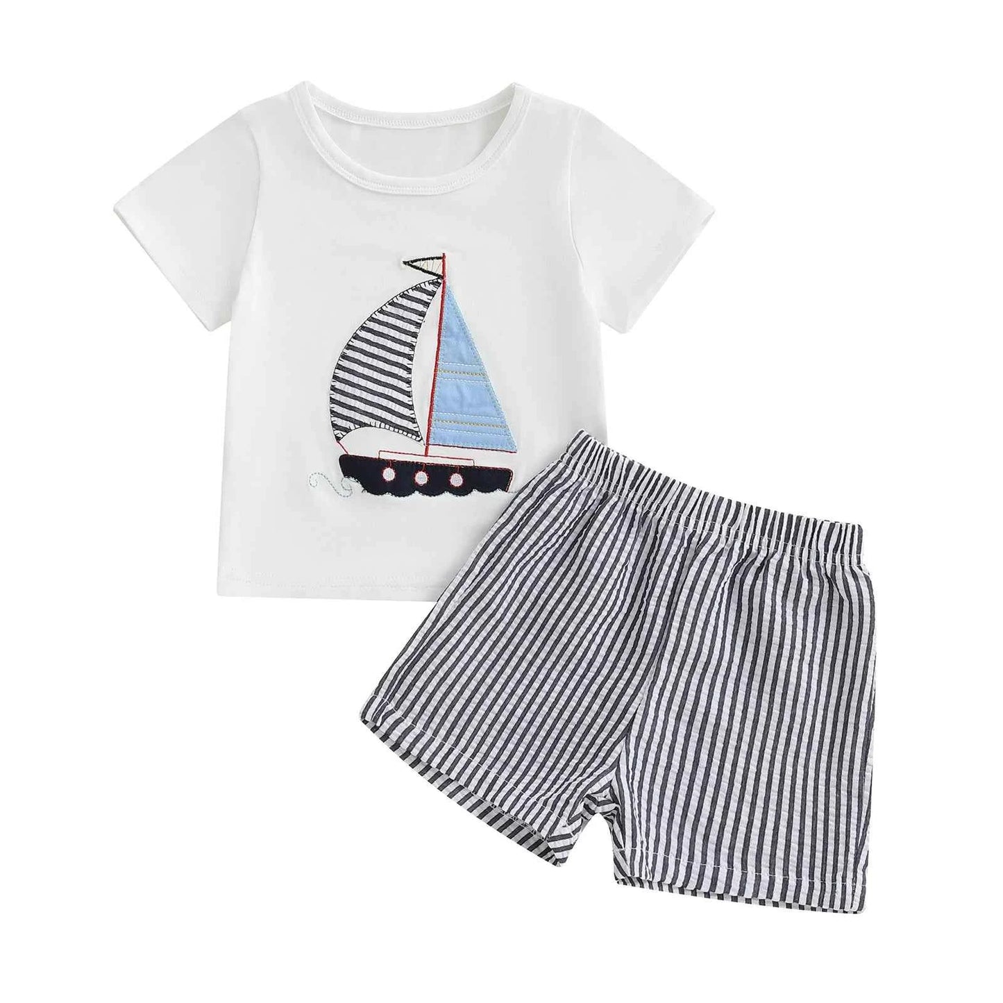 Cotton Sailboat Applique White Tee & Striped Shorts Set