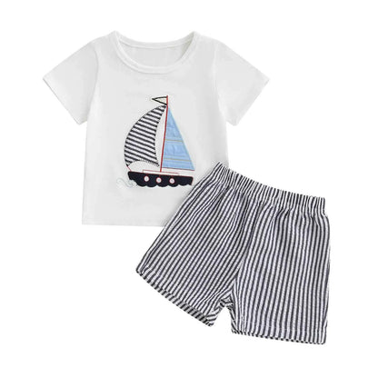 Cotton Sailboat Applique White Tee & Striped Shorts Set