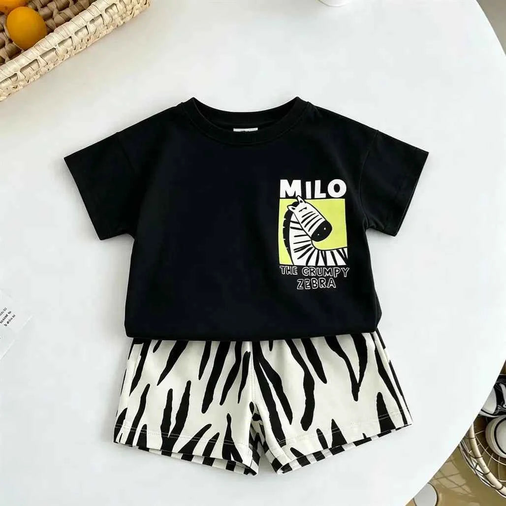 Cotton Animal Print Leopard & Zebra Tee Shorts Set