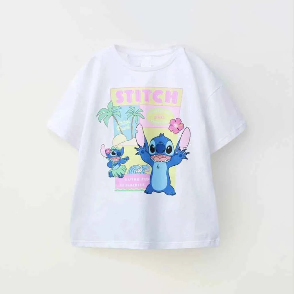 Cotton Stitch Cartoon Print Pastel & White Cotton Tees Set