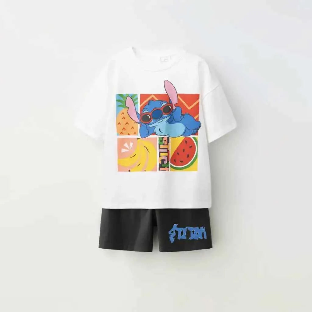 Cotton Stitch Summer Tee & Shorts Set With Cartoon Print