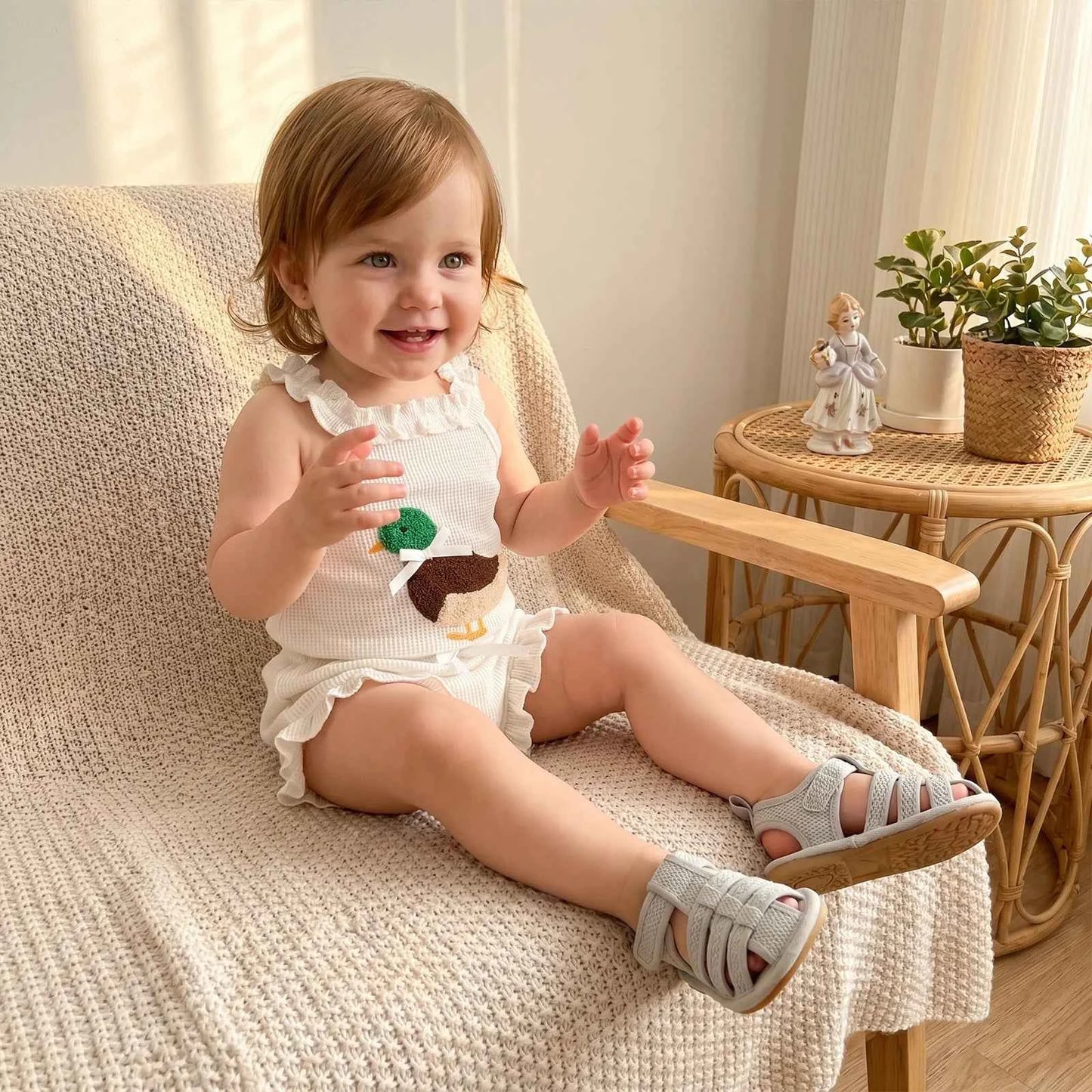 Cotton White Ruffle Duck Applique Romper With Shorts Set