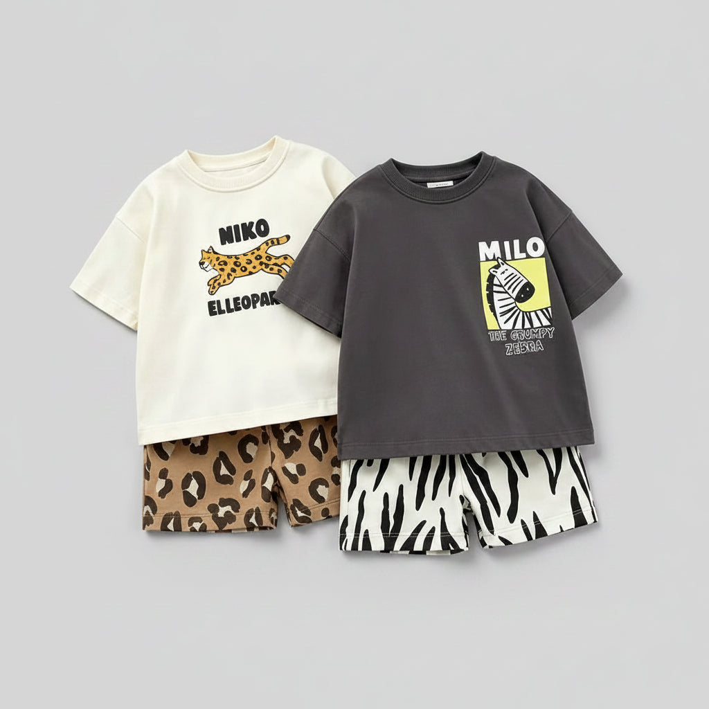 Cotton Animal Print Leopard & Zebra Tee Shorts Set