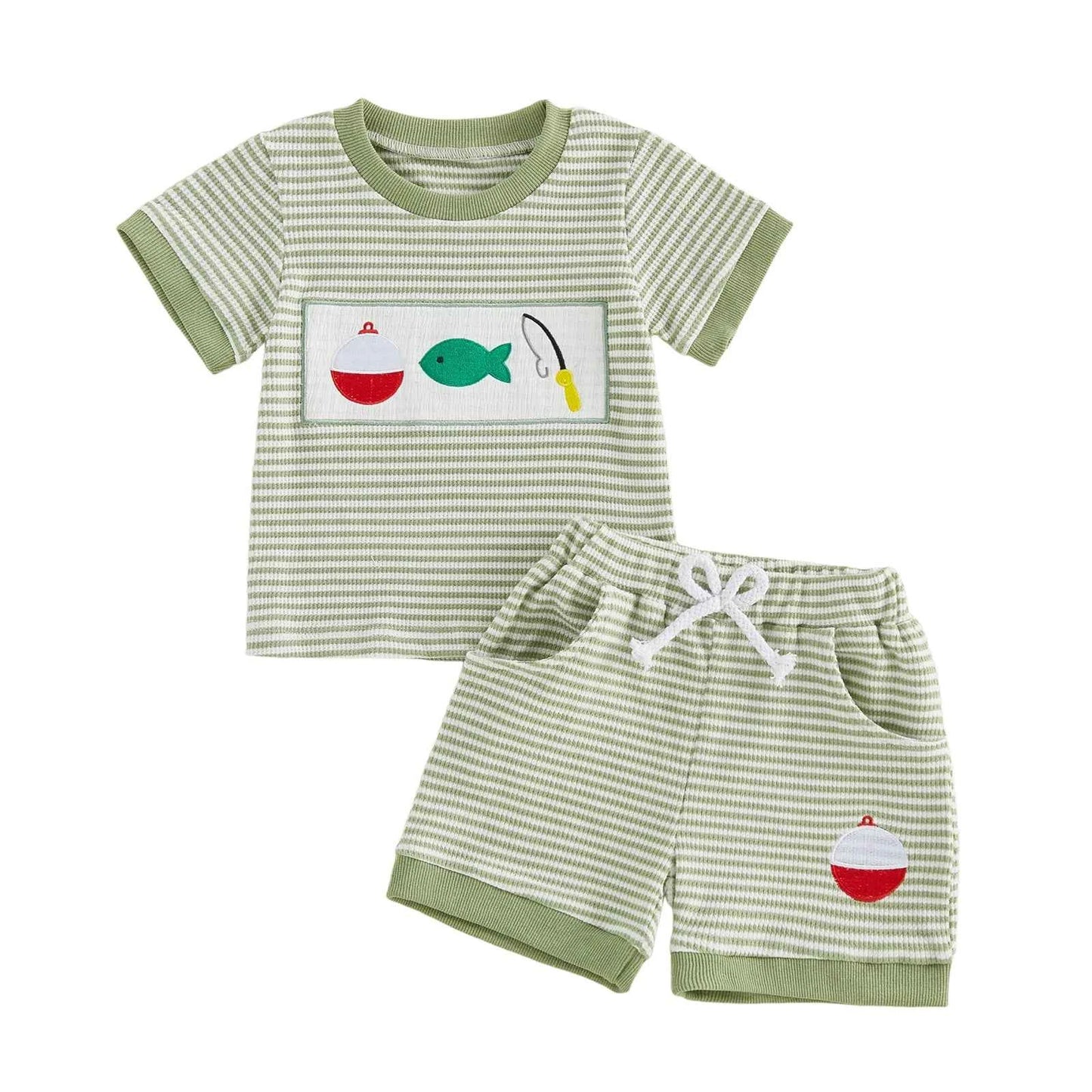Cotton Striped Fishing Rod Tee & Shorts Set Green
