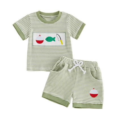 Cotton Striped Fishing Rod Tee & Shorts Set Green