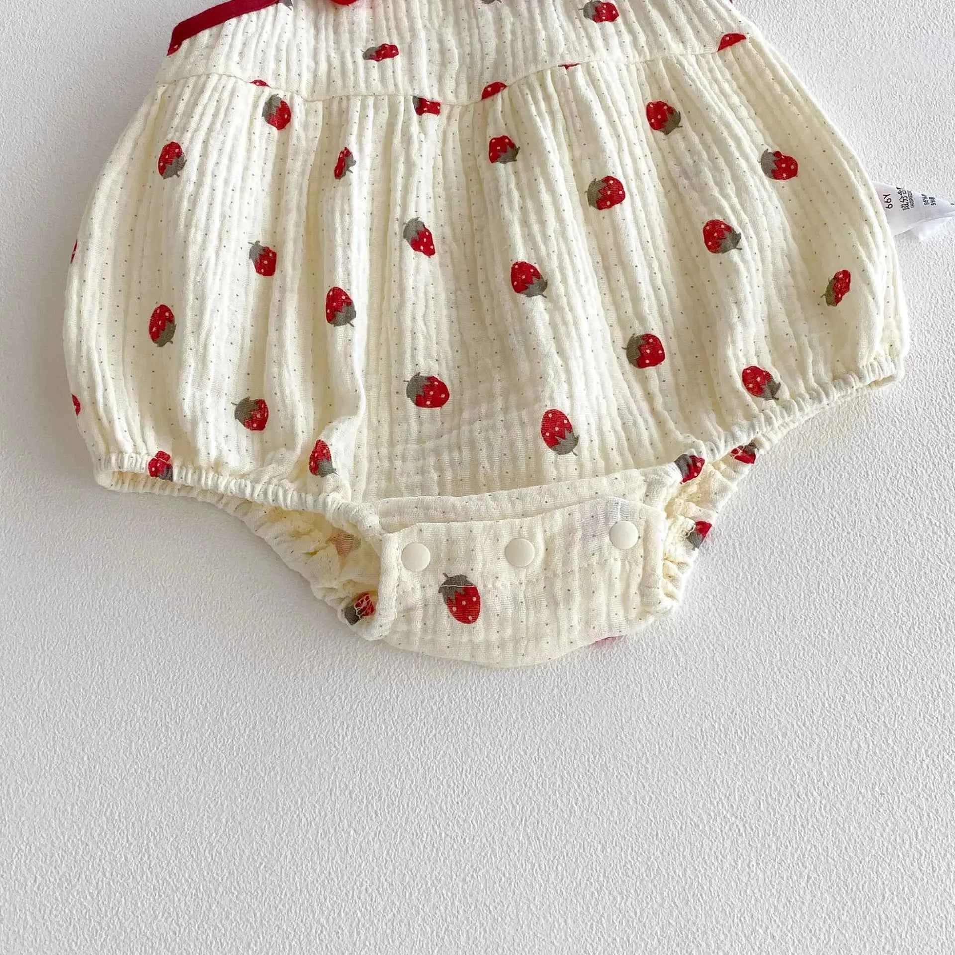 Cotton Strawberry Print Cotton Romper With Bow Straps